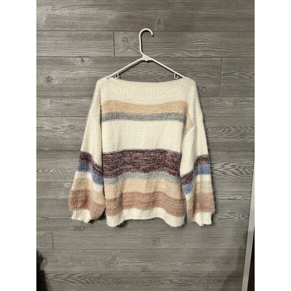 PINCH Hilda Cream Multi Striped Eyelash Knit Sweater Size Medium - Picture 1 of 8